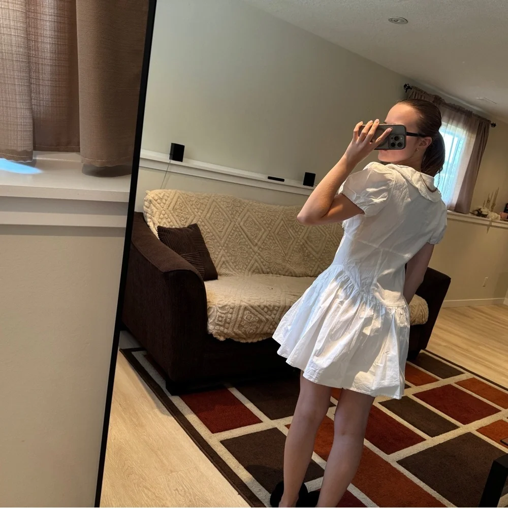 Zara White Puff-Sleeve V-Neck Mini Dress - Picture 2 of 2